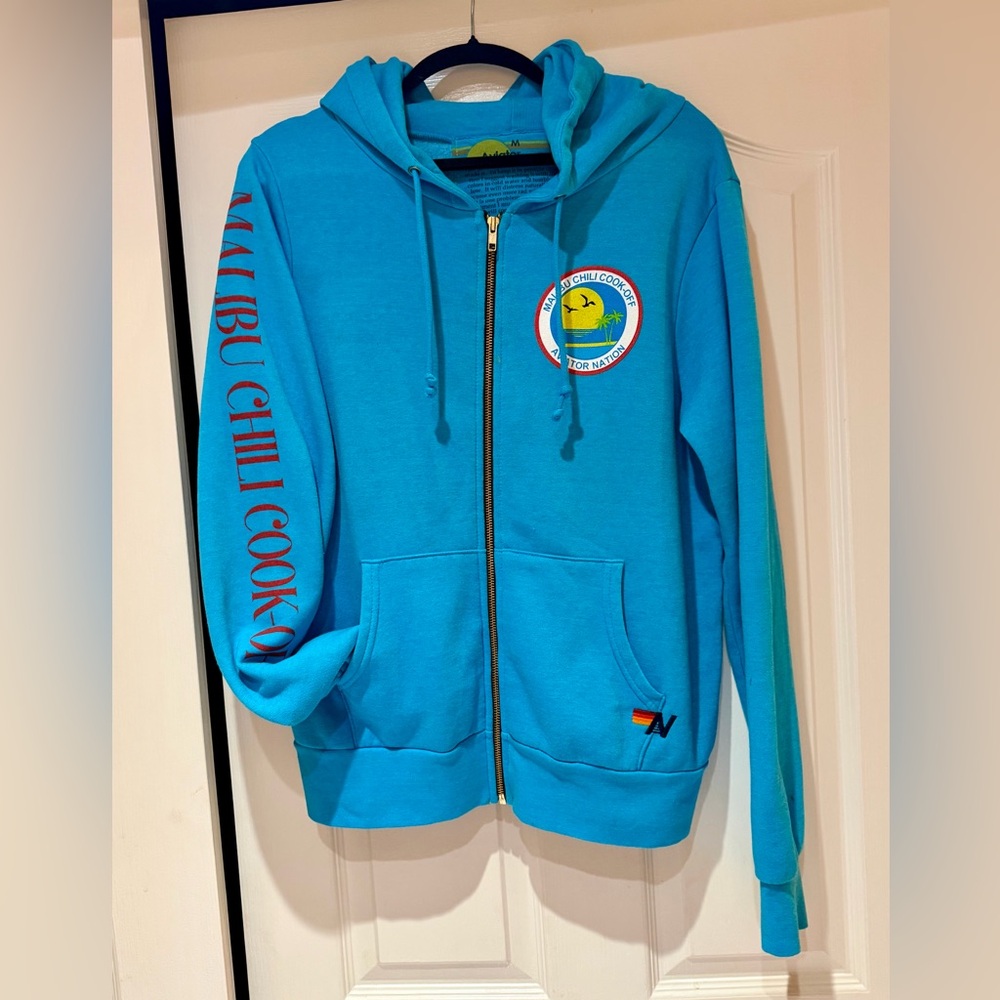Aviator Nation  annual Malibu Chili Cook off Hoodie in Neon Blue. Rare! Sz. Med